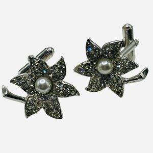 Vintage Flower Rhinestone Faux Pearl Cuff Links Unisex